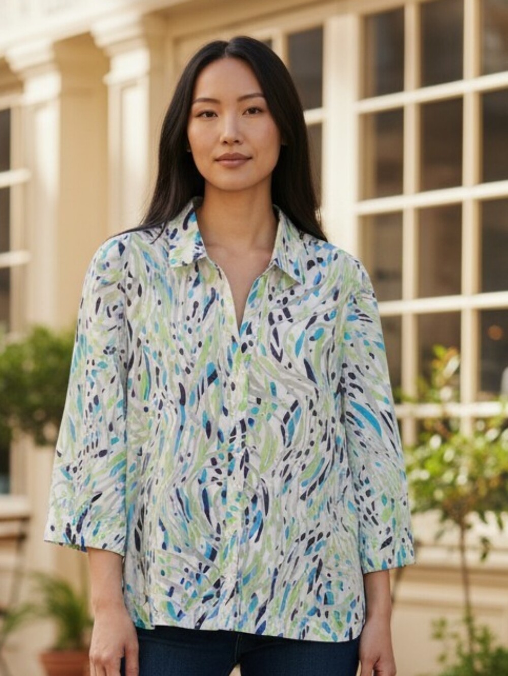 Studio Works Lightweight Collared Blouse in Blue & Green Abstract In EUC